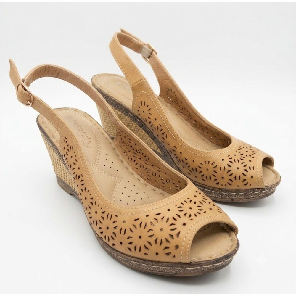 PATRIZIA Spring Step Ginny Tan Cutout Wedge Sandals Slingback Peep Toe Women’s 7
